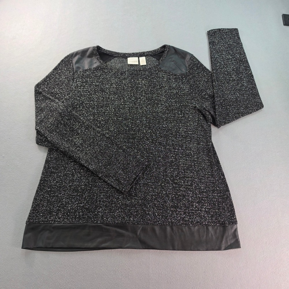 Chicos Metallic Silver Black Knit Faux Leather Trim Top Long Sleeve Size 2 L